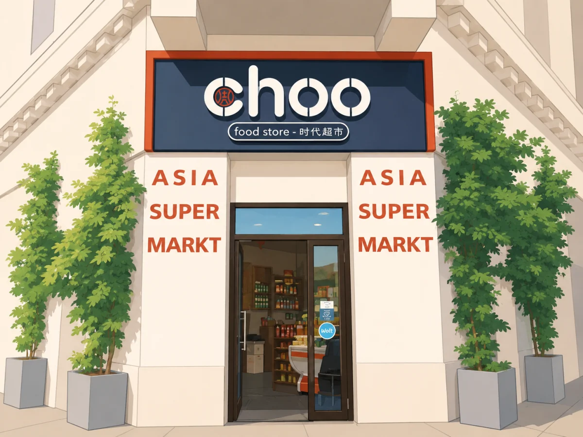 Illustration of the Choo Foodstore Asian supermarket storefront on Linke Wienzeile 54, Vienna 1060